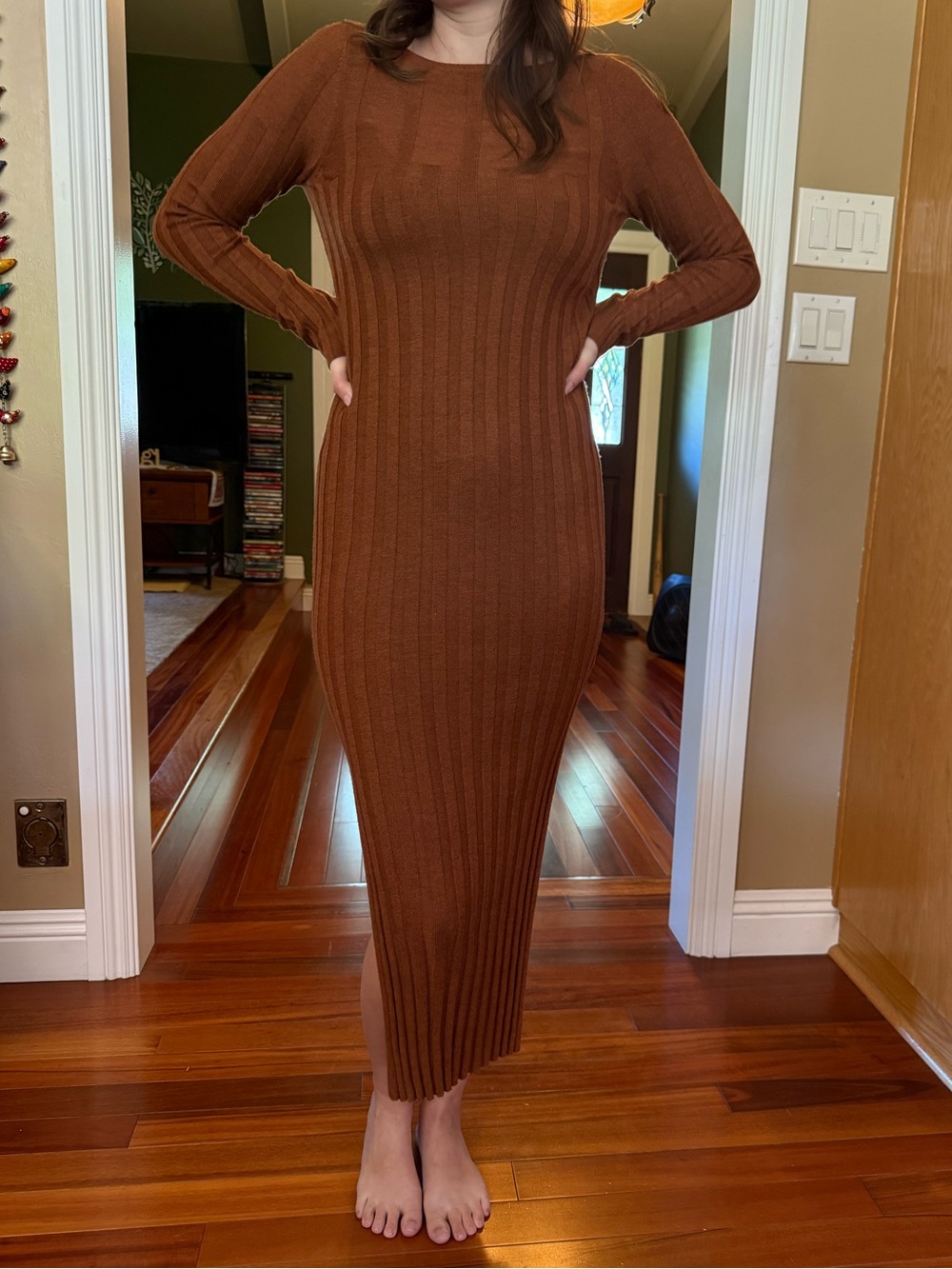 ASOS Long Sleeve Ribbed Midi Dress in Burnt Orange
